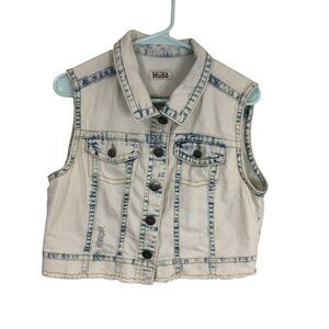 Mudd Jean Jacket Denim Vest Distressed White Blue Acid Wash Size L Womens